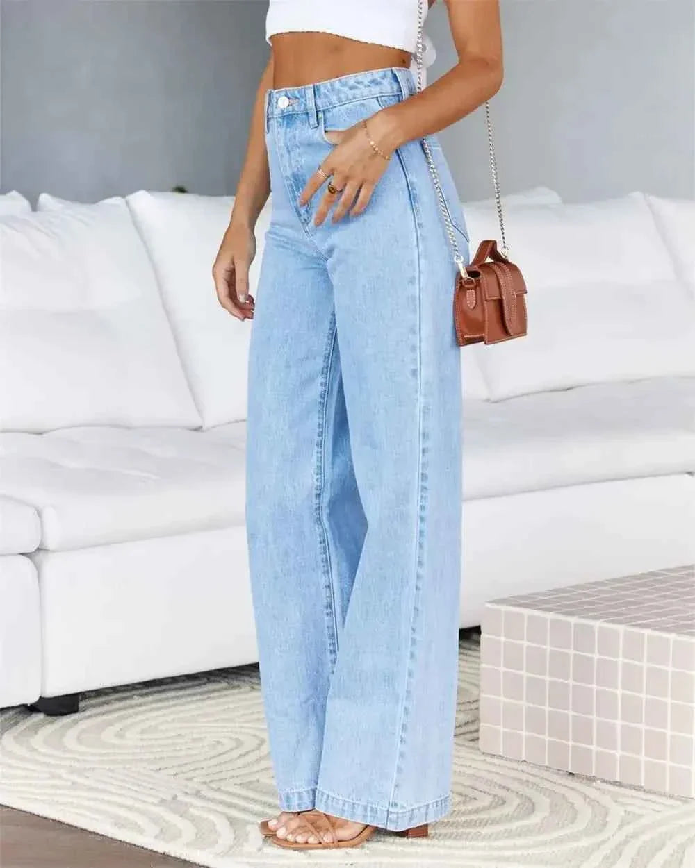 Women's High Waist Straight Leg Jeans Denim Loose Fit with Pockets Wide Leg Basics