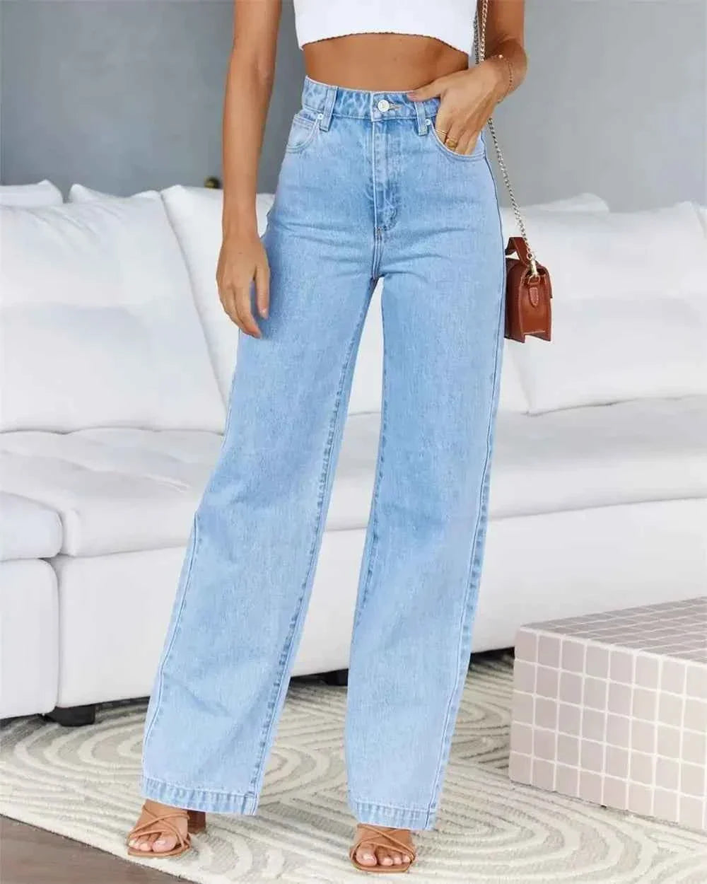 Women's High Waist Straight Leg Jeans Denim Loose Fit with Pockets Wide Leg Basics