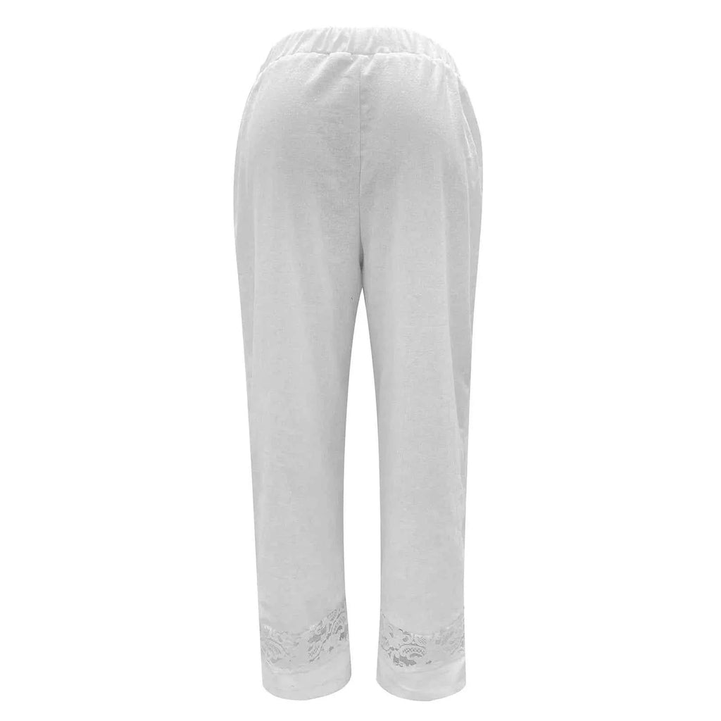 Cropped Loose Pants Women - Streetwear Cotton Lace Casual Pants Elastic Waist Trousers
