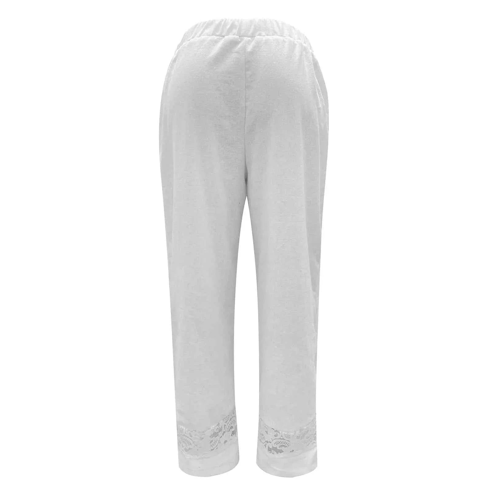 Cropped Loose Pants Women - Streetwear Cotton Lace Casual Pants Elastic Waist Trousers