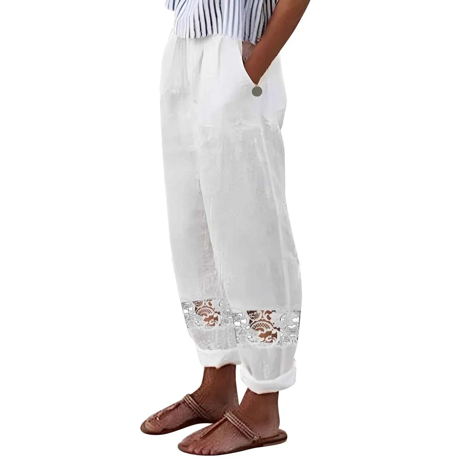 Cropped Loose Pants Women - Streetwear Cotton Lace Casual Pants Elastic Waist Trousers