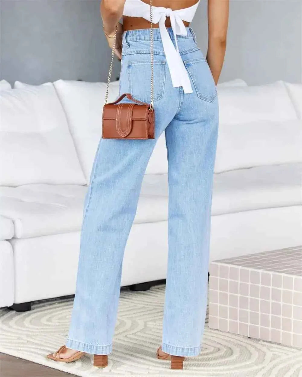 Women's High Waist Straight Leg Jeans Denim Loose Fit with Pockets Wide Leg Basics