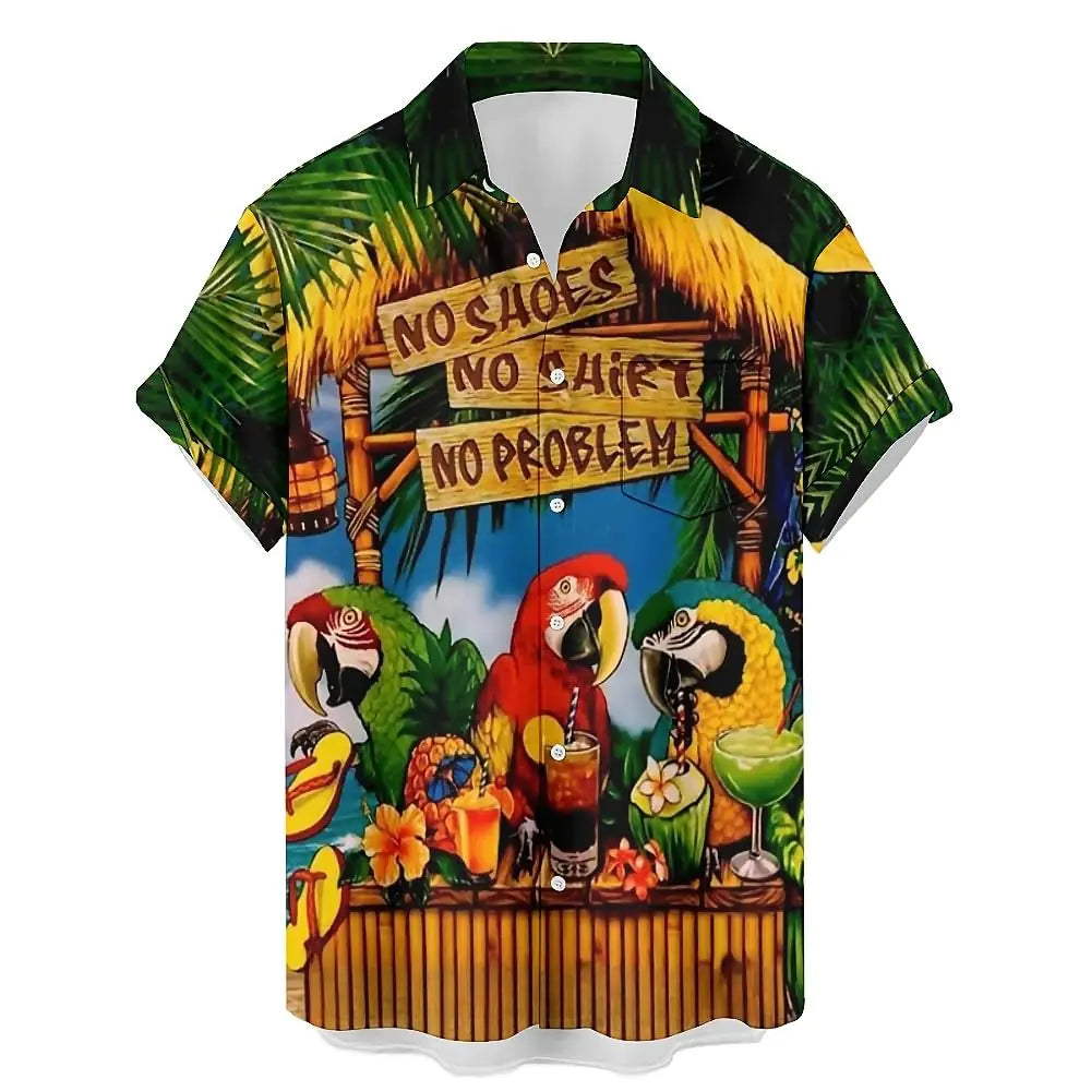 HLCFACI Mens Funny Hawaiian Shirts 2024 Parrot Print Short Sleeve Button Down Summer Beach Party Shirt Cocktail Parrots 3X