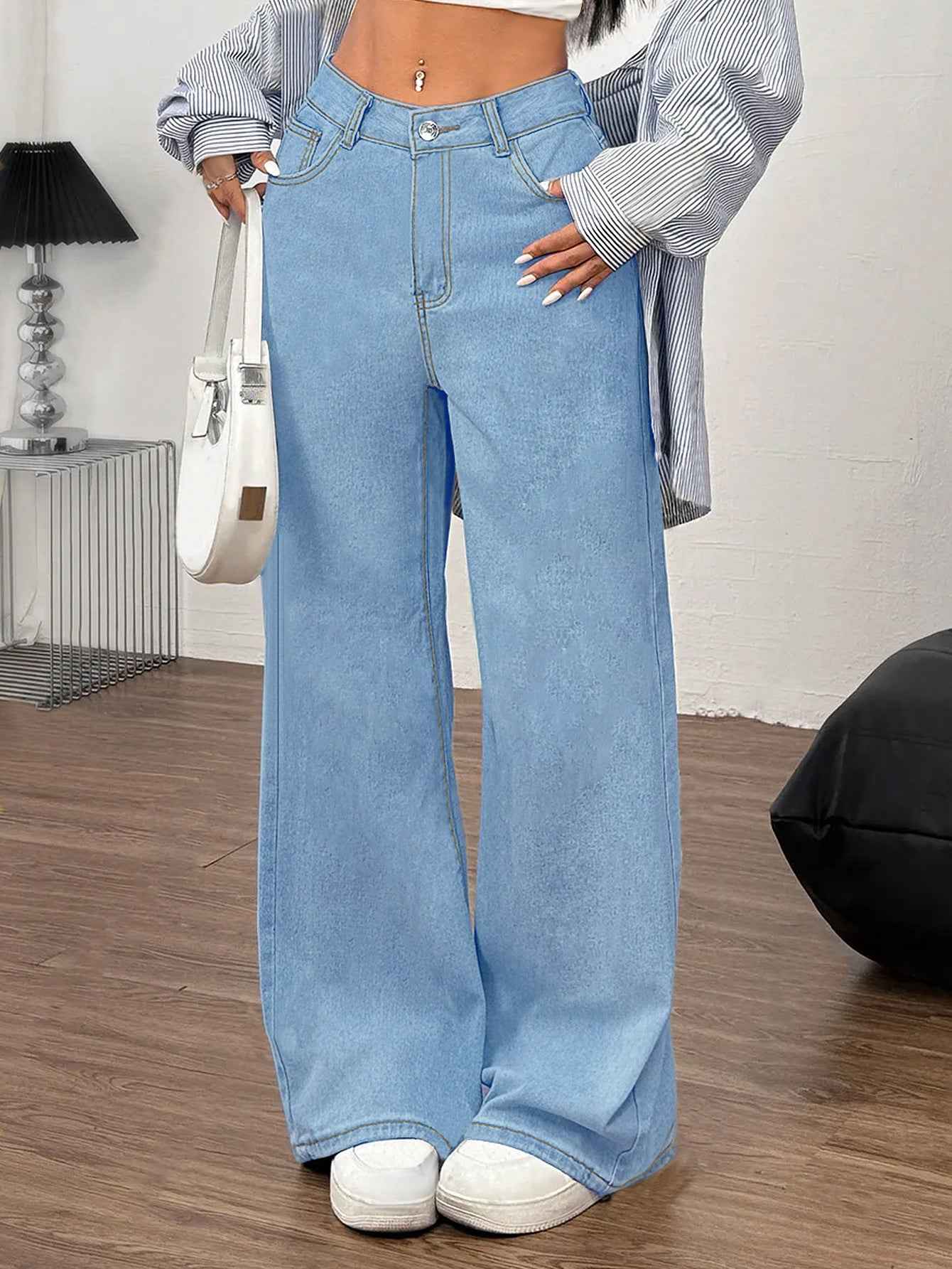 Embroidered Wide Leg Jeans with Bow Back for Women