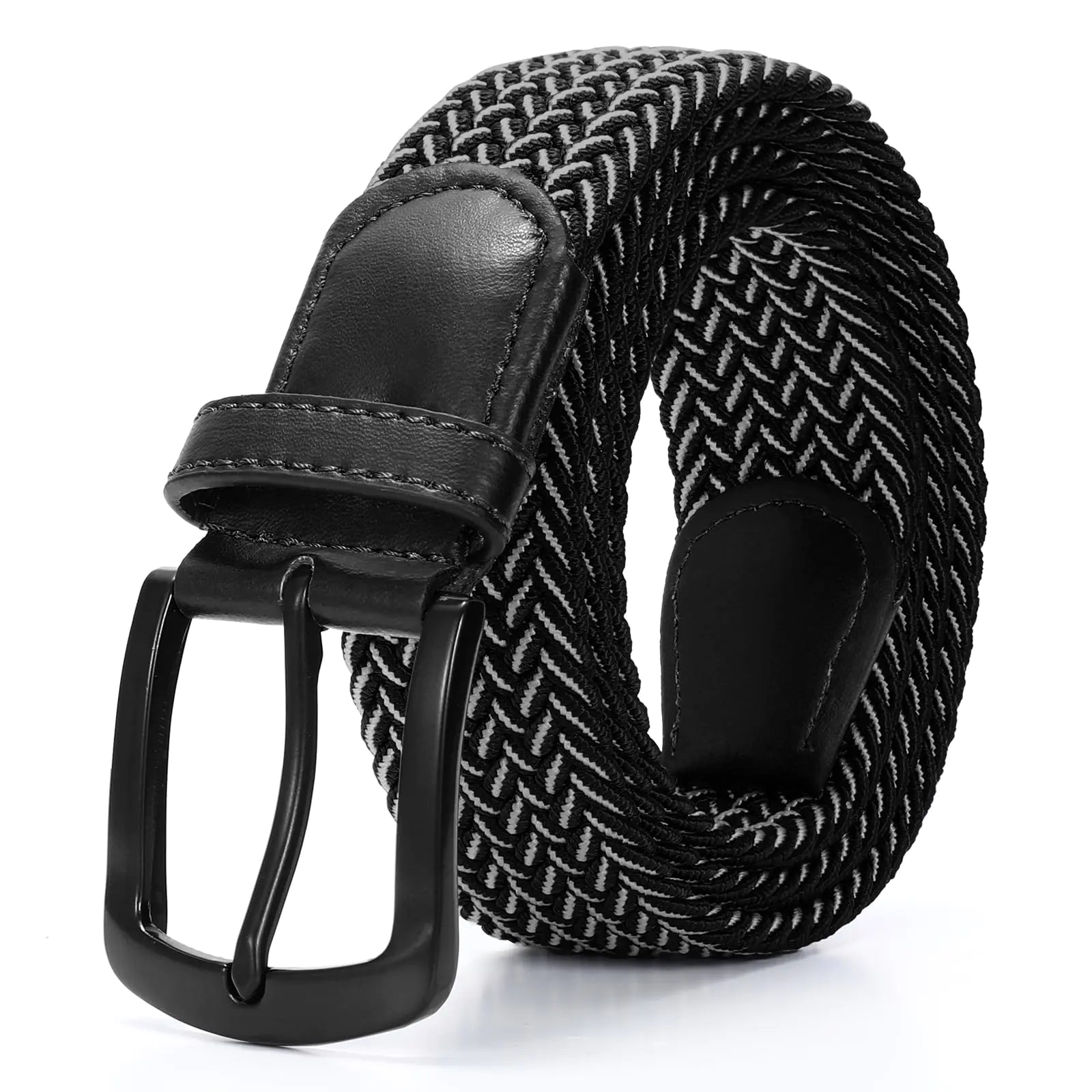 Men Stretch Braided Belt Elastic Belt for Jeans Pants Casual Golf Belt 1 3/8" black/grey