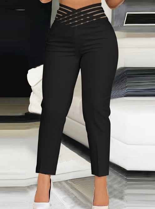 High Waist Slimming Casual Pants for Ladies - Solid Color Hollow Fashionable Design