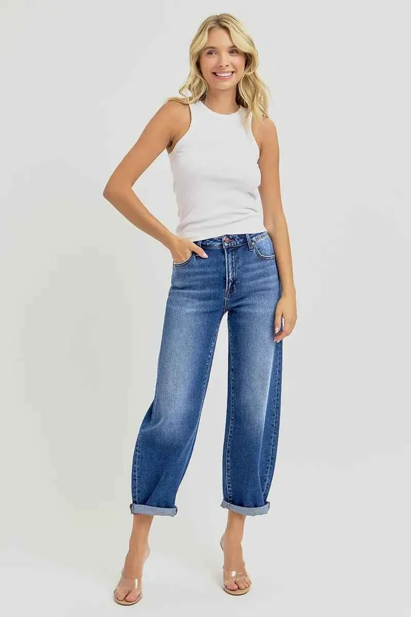 RISEN Plus Size High Rise Jeans Full Size Crop Mild Barrel Fit Women's Denim