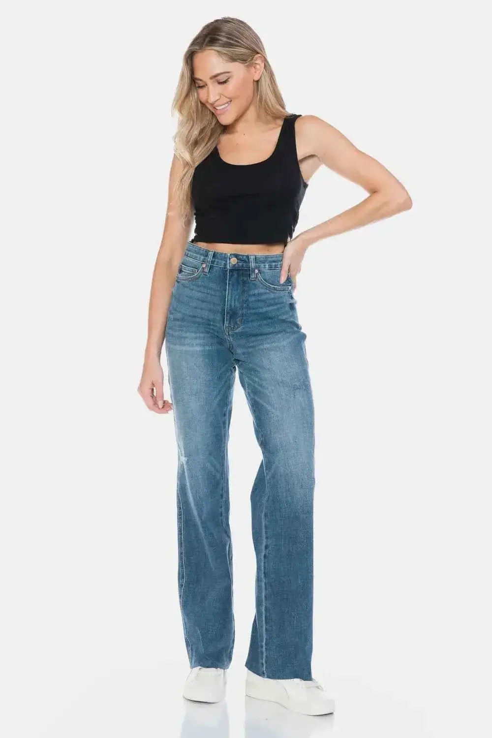 Tummy Control High Waisted Jeans - Cut Raw Hem Straight Jeans