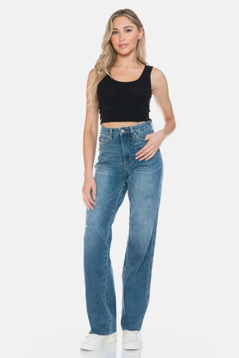 Tummy Control High Waisted Jeans - Cut Raw Hem Straight Jeans