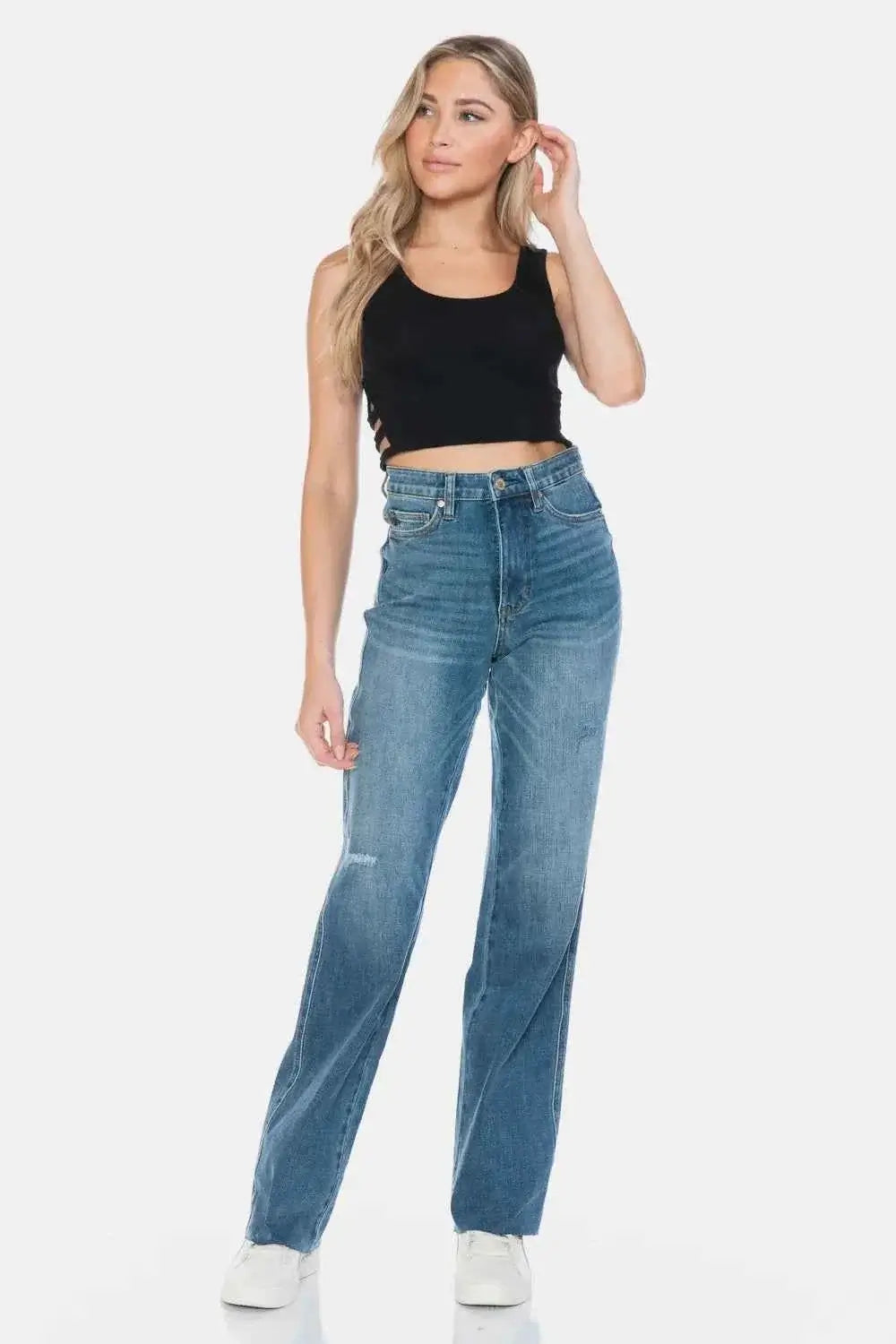 Tummy Control High Waisted Jeans - Cut Raw Hem Straight Jeans