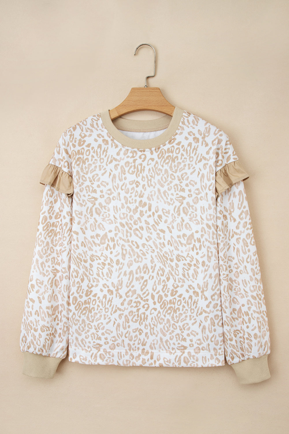 AK Leopard Ruffle Ribbed Trim Round Neck Sweatshirt