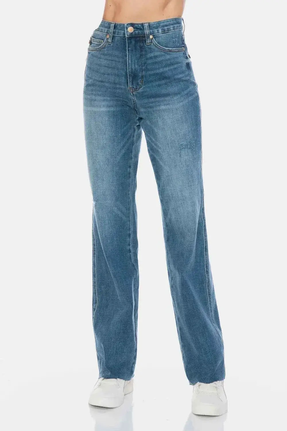 Tummy Control High Waisted Jeans - Cut Raw Hem Straight Jeans