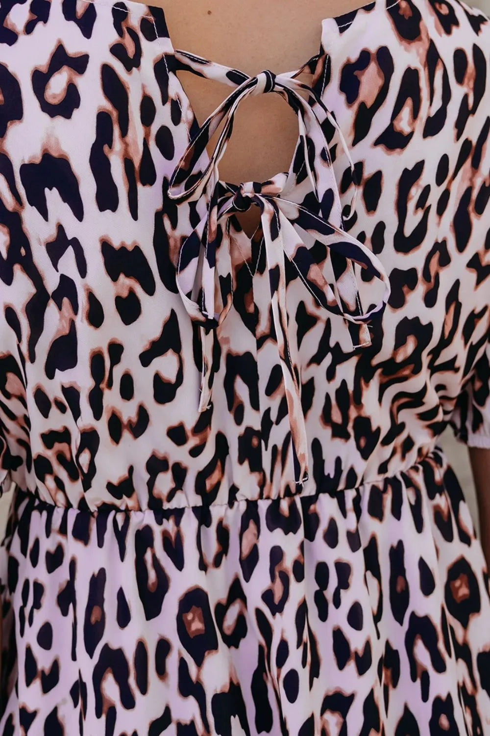 Leopard Tied Front Keyhole Puff Short Sleeve Mini Dress
