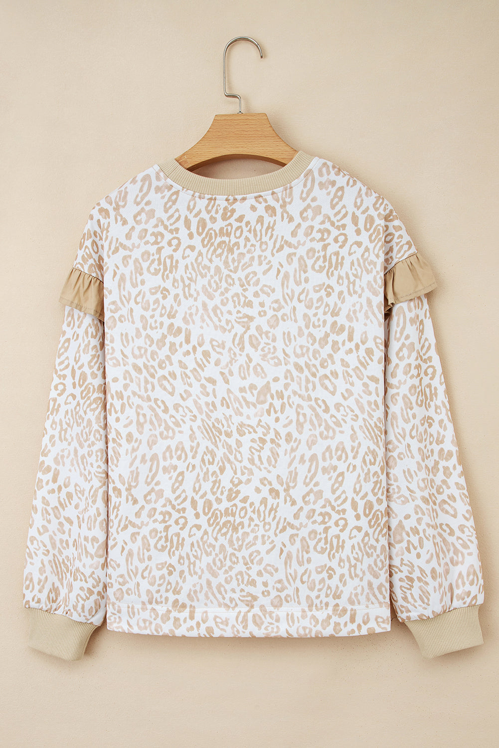 AK Leopard Ruffle Ribbed Trim Round Neck Sweatshirt