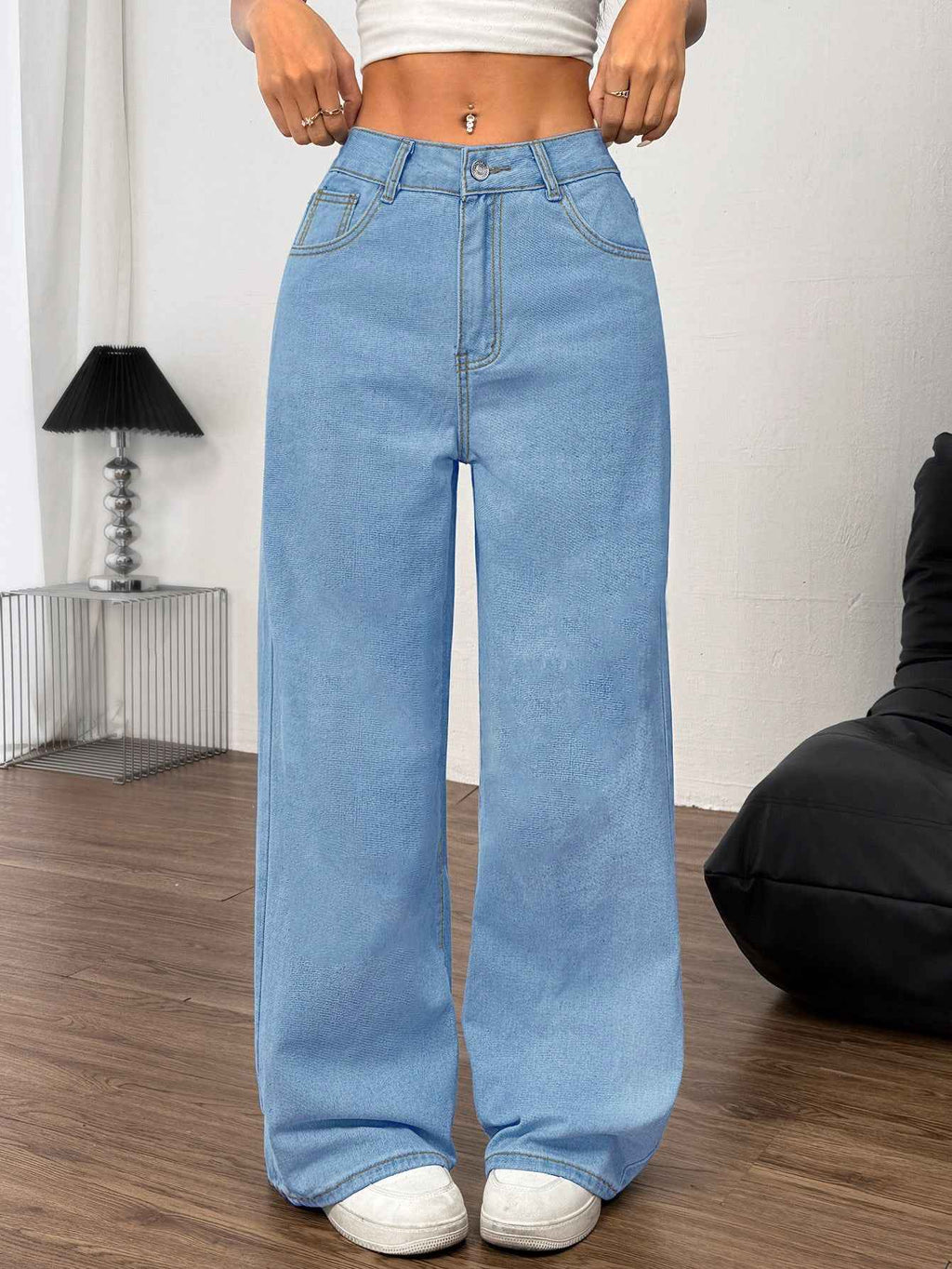 Embroidered Wide Leg Jeans with Bow Back for Women