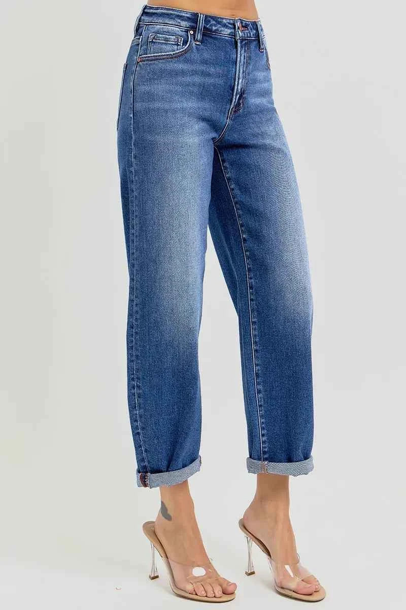 RISEN Plus Size High Rise Jeans Full Size Crop Mild Barrel Fit Women's Denim