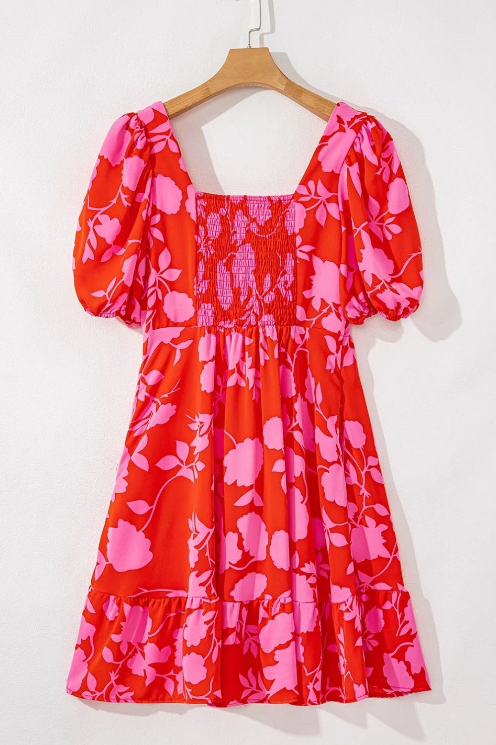Floral Puff Sleeve Sweetheart Neck Ruffled Mini Dress