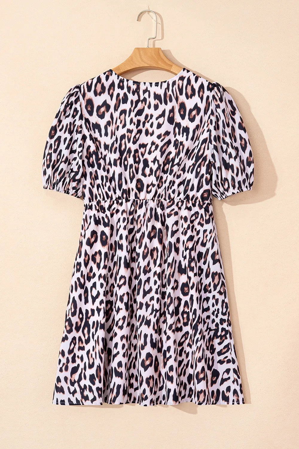 Leopard Tied Front Keyhole Puff Short Sleeve Mini Dress