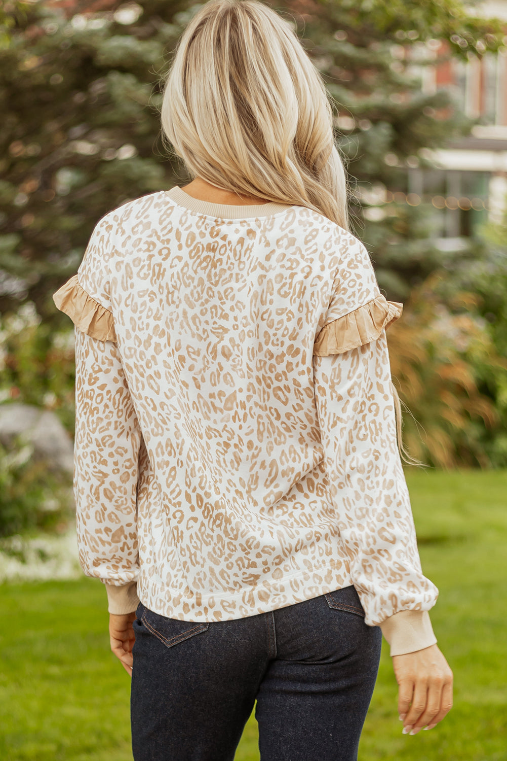 AK Leopard Ruffle Ribbed Trim Round Neck Sweatshirt