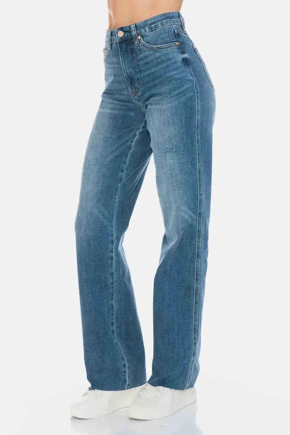 Tummy Control High Waisted Jeans - Cut Raw Hem Straight Jeans