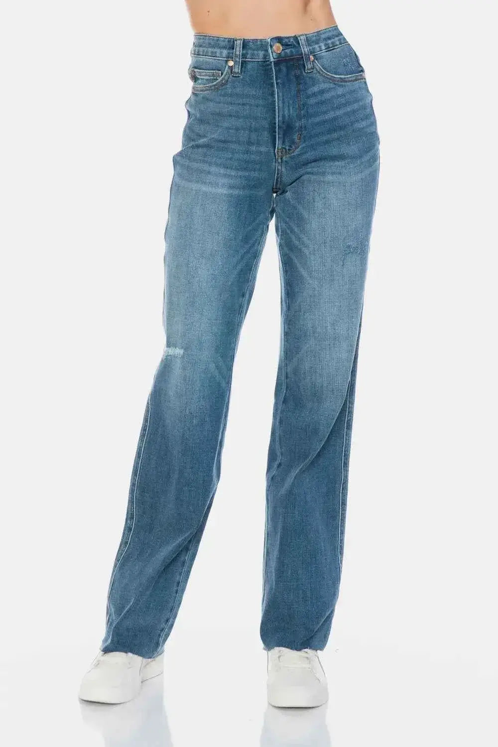 Tummy Control High Waisted Jeans - Cut Raw Hem Straight Jeans