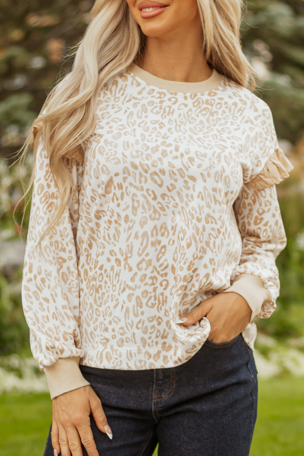 AK Leopard Ruffle Ribbed Trim Round Neck Sweatshirt